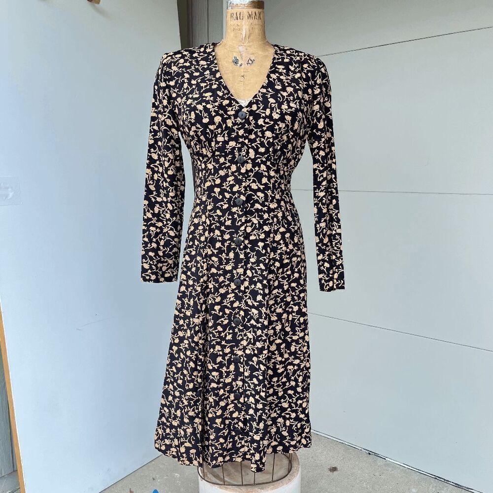 Hugo Buscati Milano Black Floral Button-Front Dress, Size 6, Vintage USA-Made